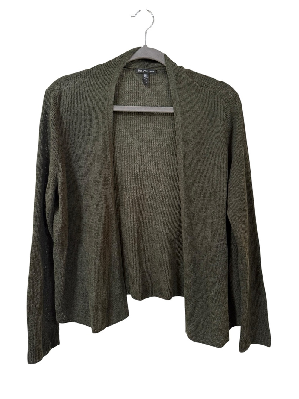 Eileen Fisher organic linen cotton cardigan LARGE olive green open front